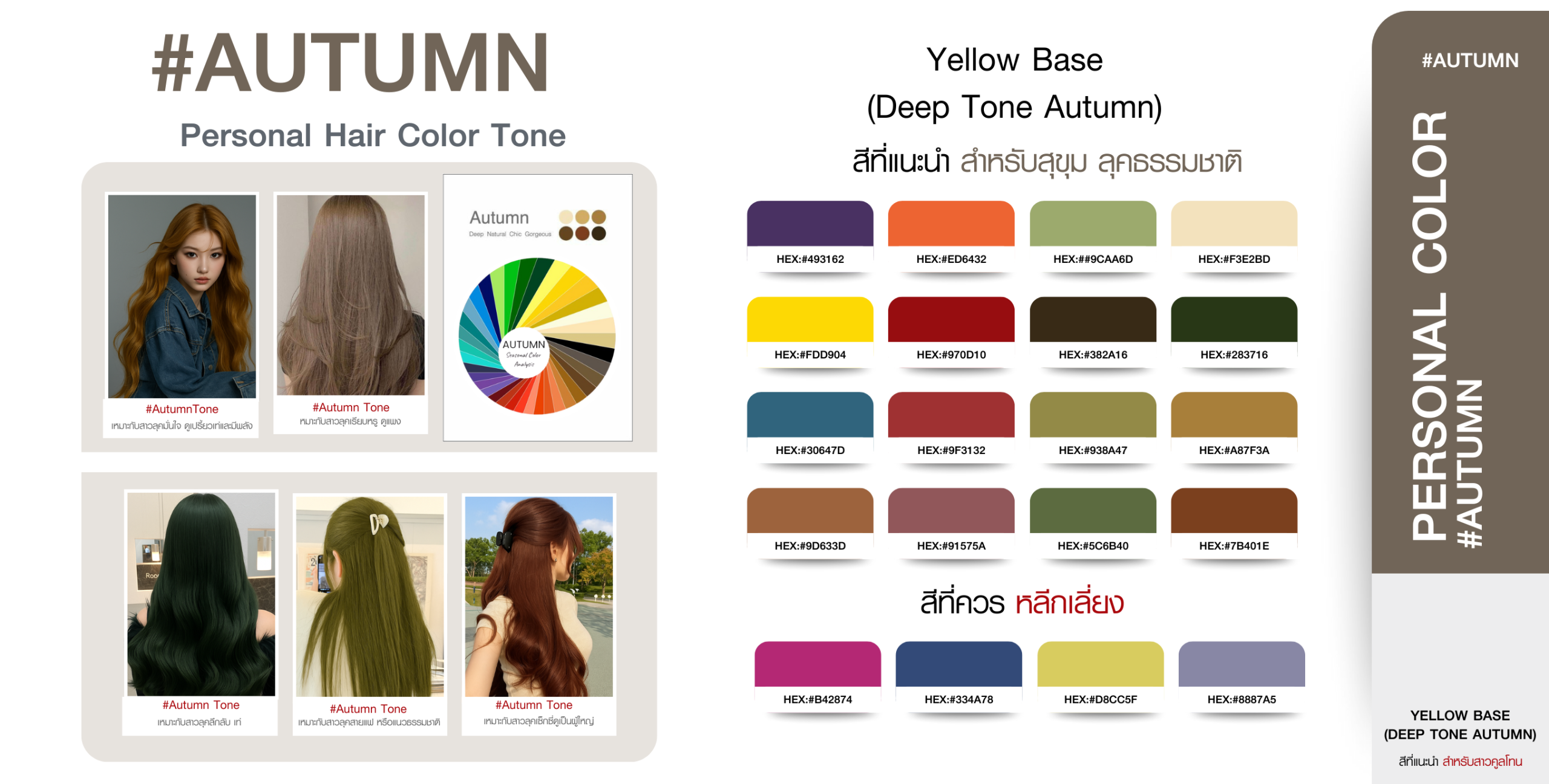 โทนสีผม Autumn Personal Color สำหรับคนโทนผิวเหลืองเข้ม (Yellow Base) Deep Tone พร้อมตัวอย่างสีผมและเฉดสีที่เหมาะและควรหลีกเลี่ยง