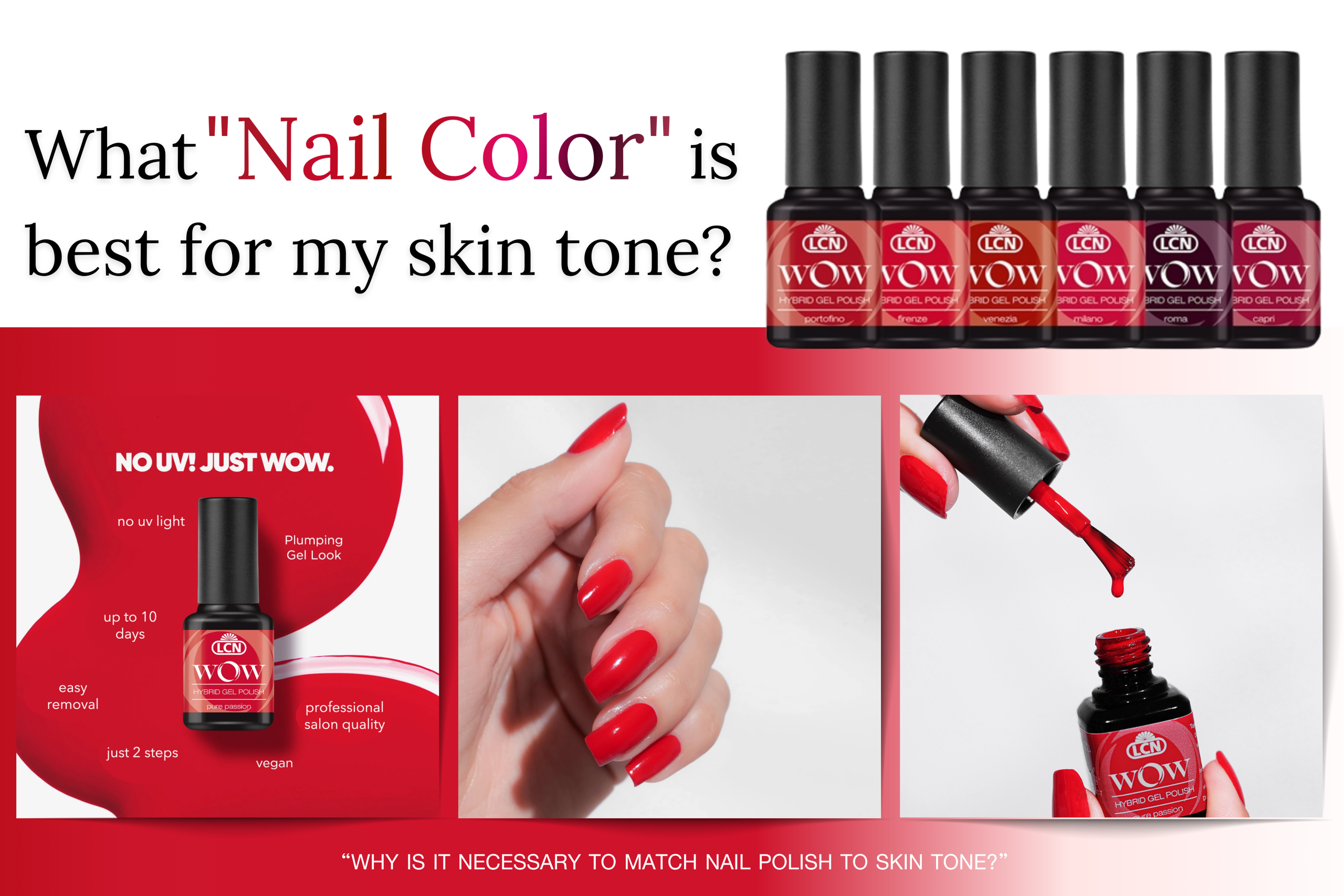 A collage of red gel nail polish bottles and a hand with brightly polished red nails, next to the question, "What 'Nail Color' is best for my skin tone?"