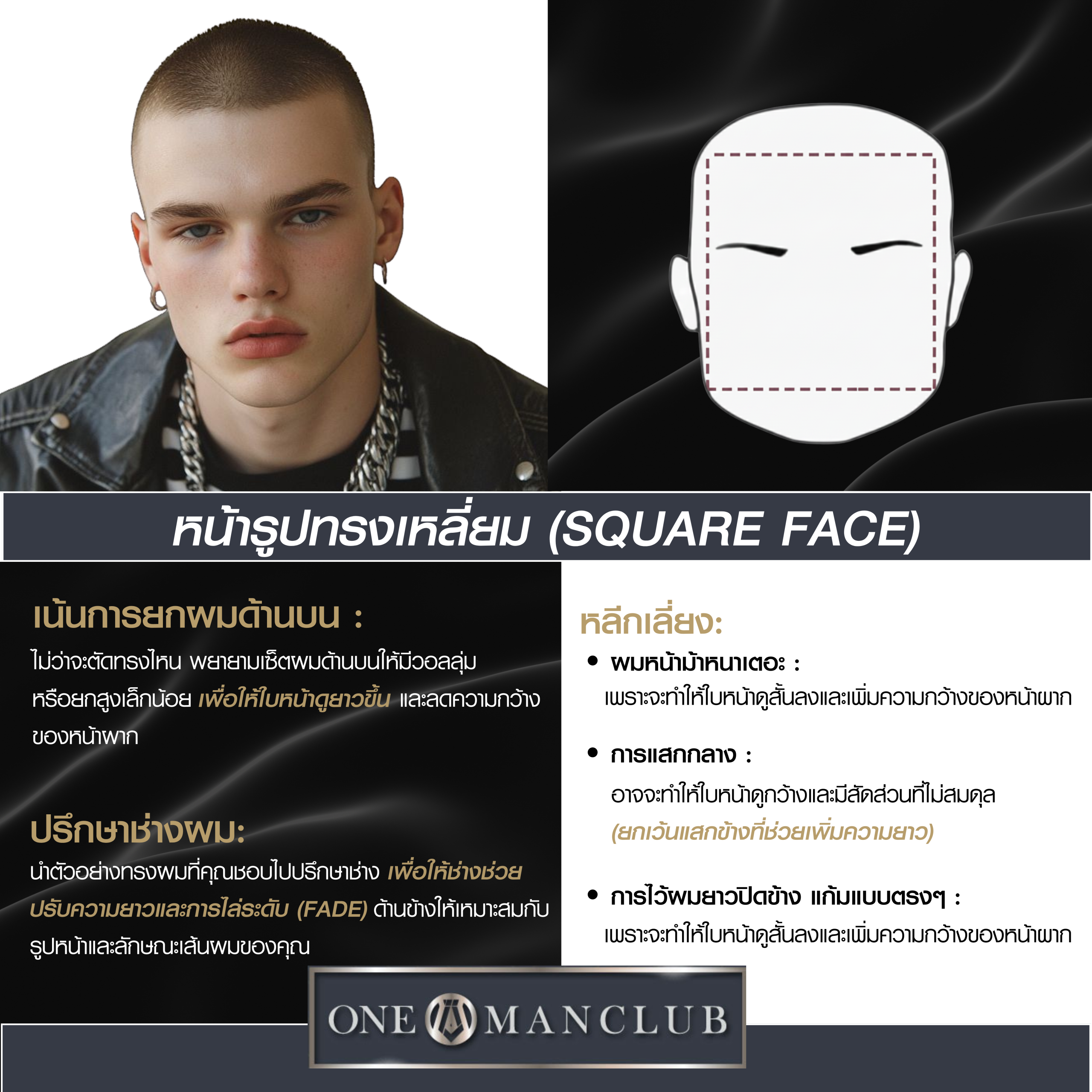 ทรงผมสำหรับผู้ชายที่มีรูปหน้ายาว (Oblong/Rectangle) ที่มีผมหน้าม้าและภาพประกอบประเภทใบหน้า