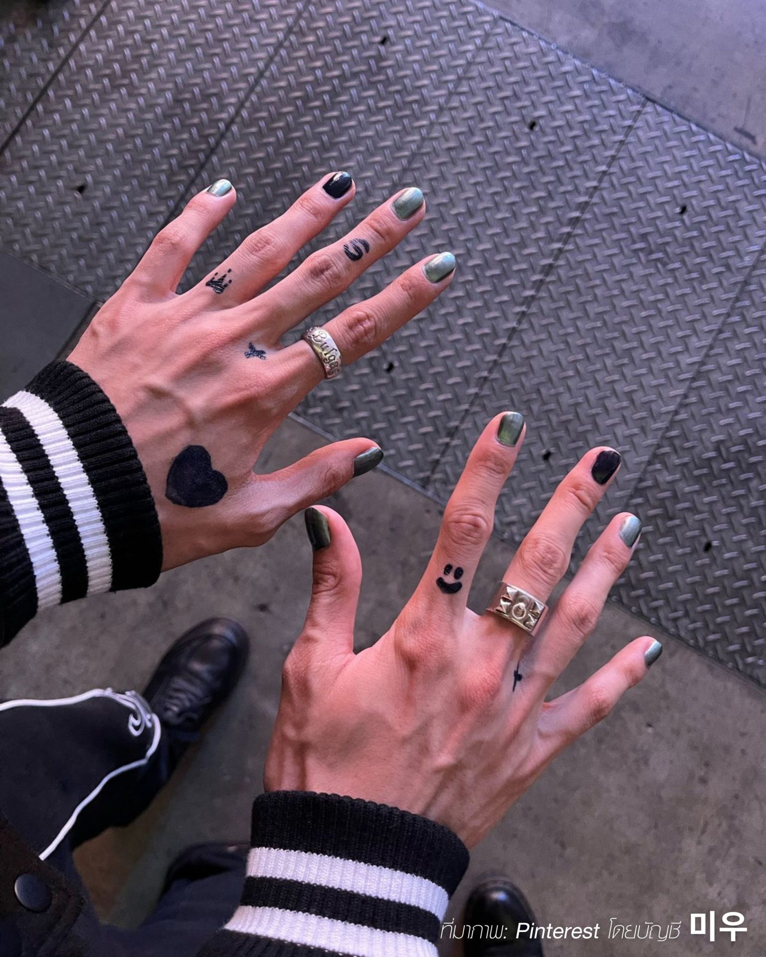 Artistic men's nail ideas with graphics and iridescent green tones