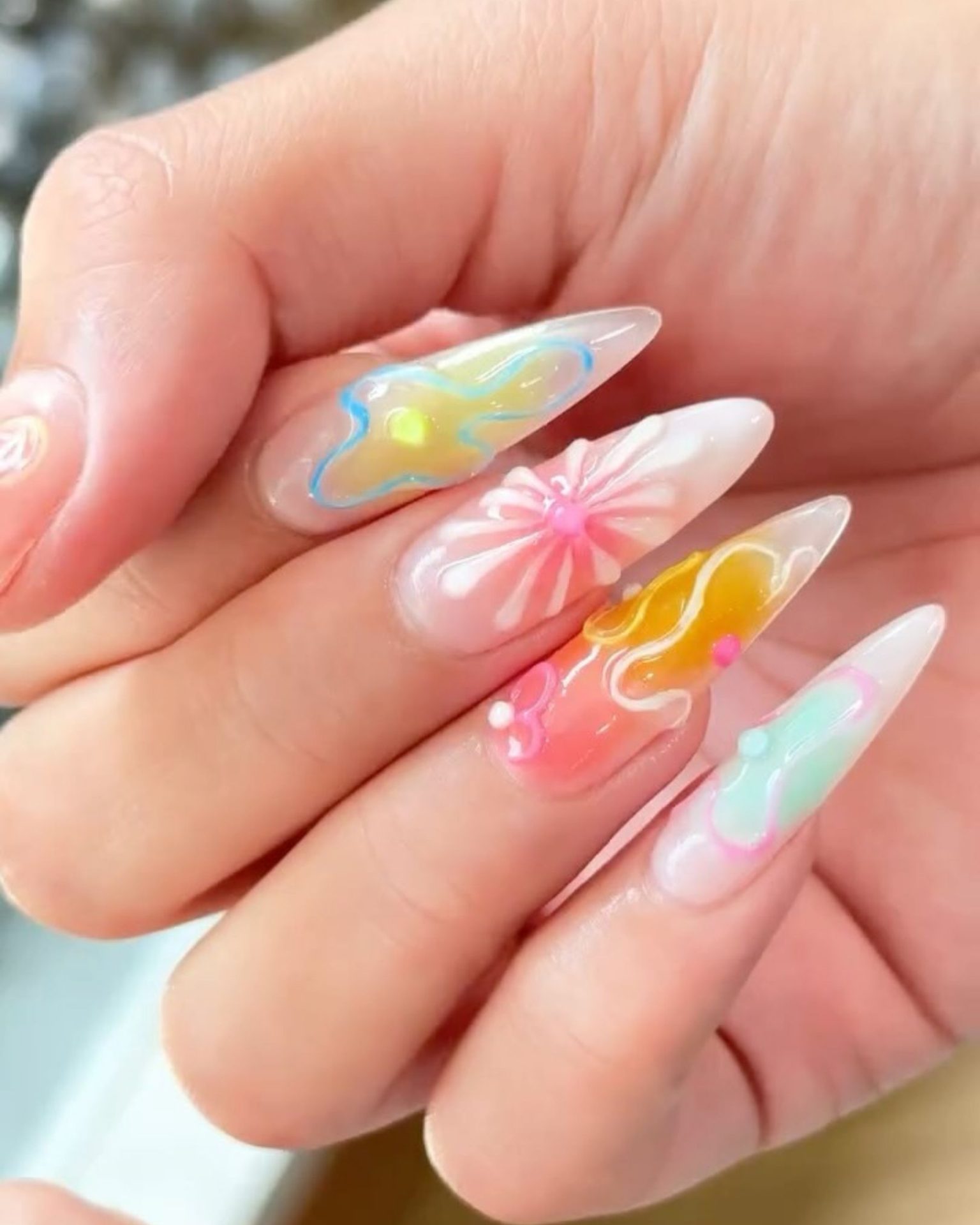 3D sculpted nail art in jelly style, pastel colors