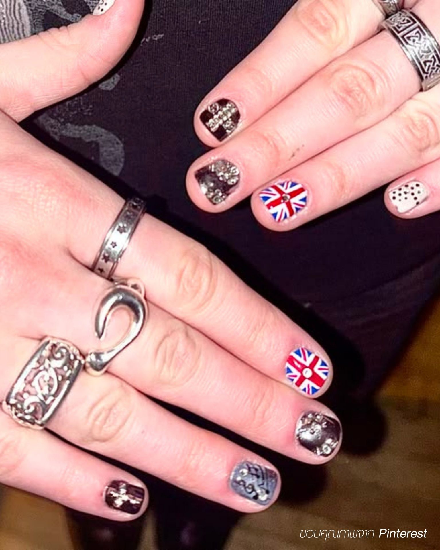 Edgy men's nails with UK flag and metallic art designs