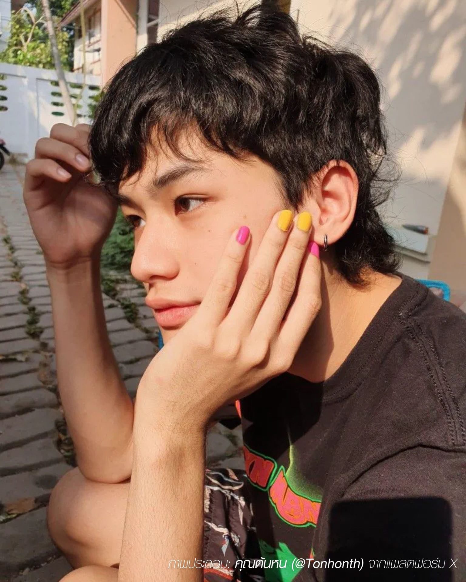 Bright yellow and pink teen-style men's nail art trends