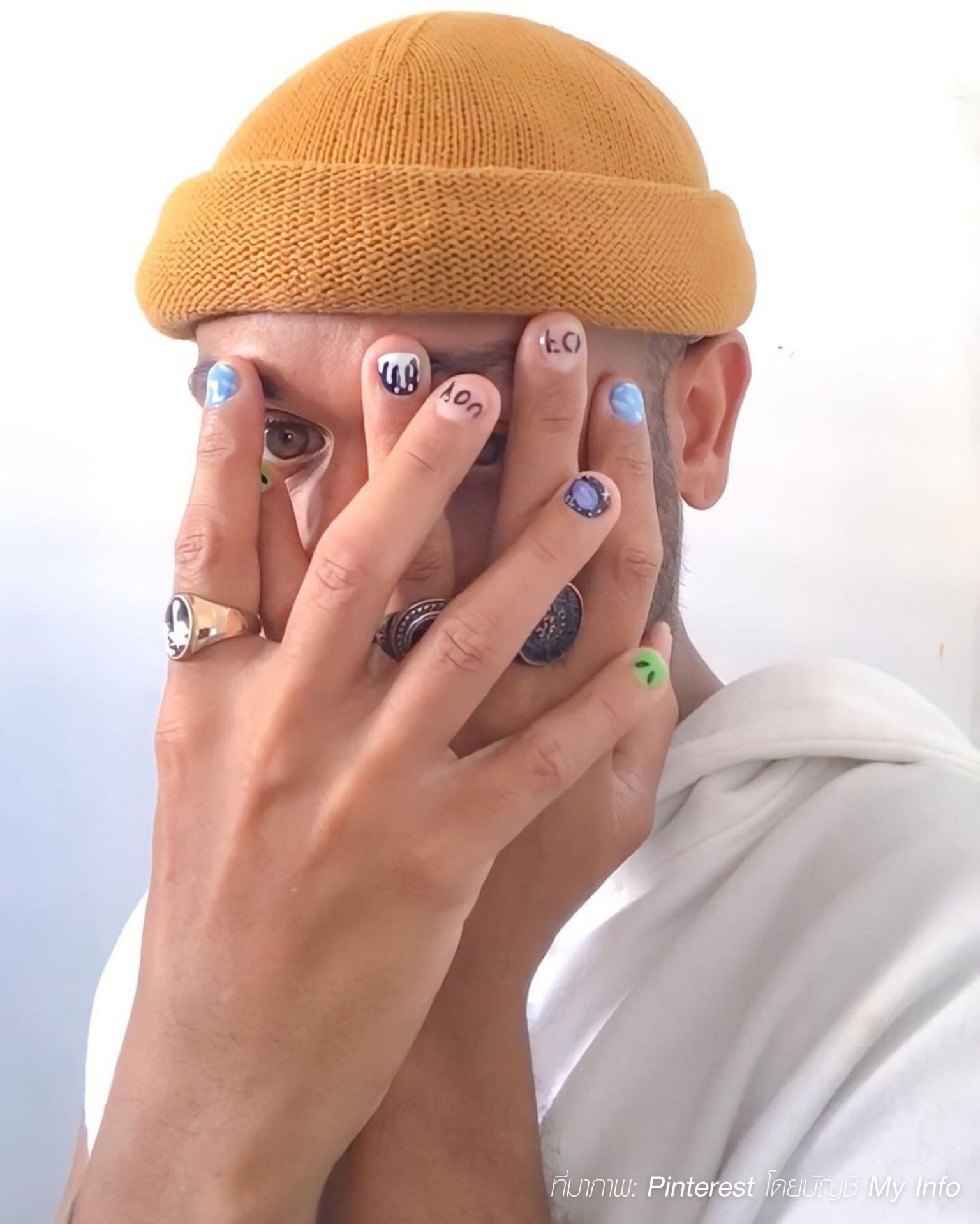 Stylish men's nail trend with cartoon paintings and art symbols