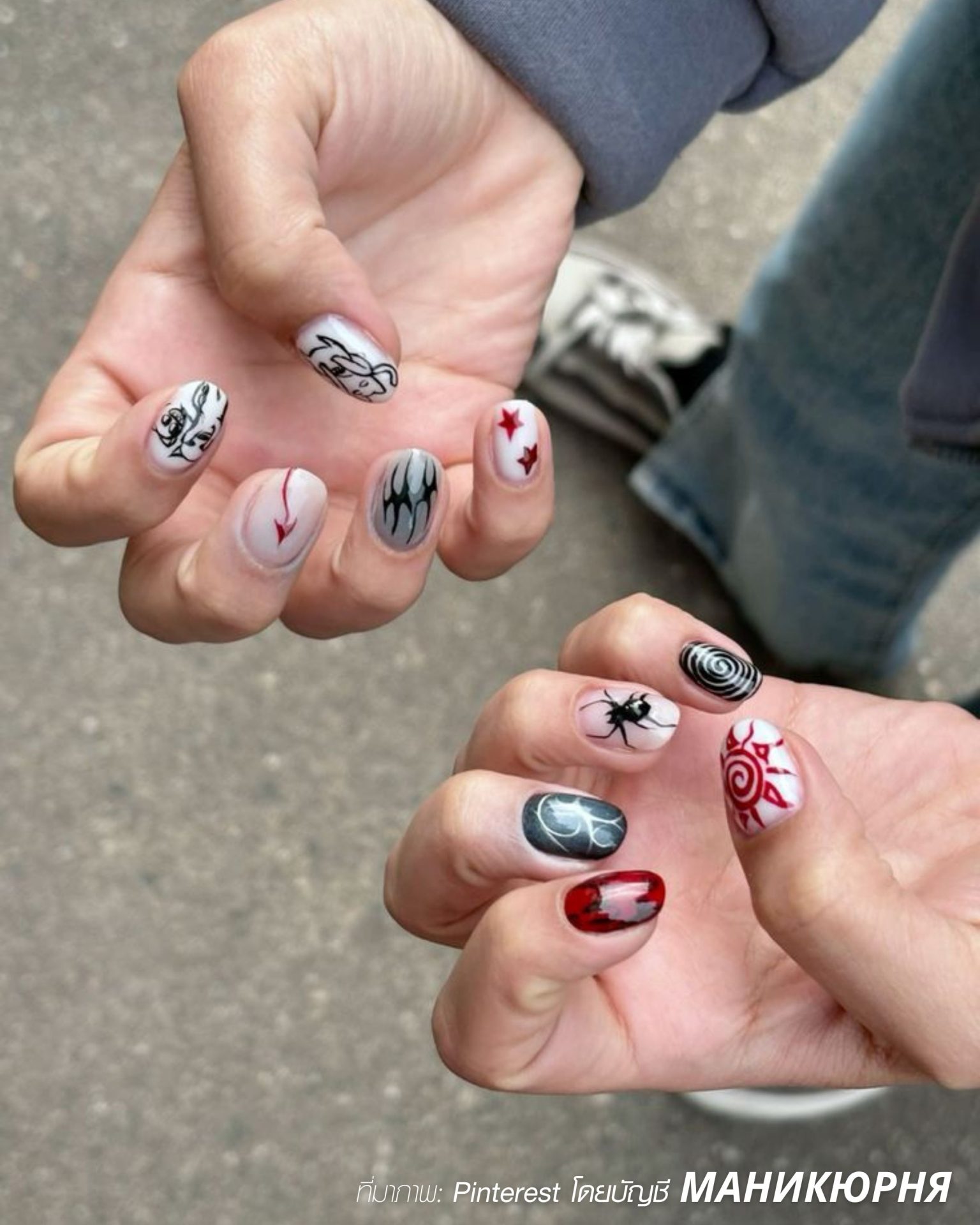 Artistic graphic men's nails mixing lines, animals, and cool symbols