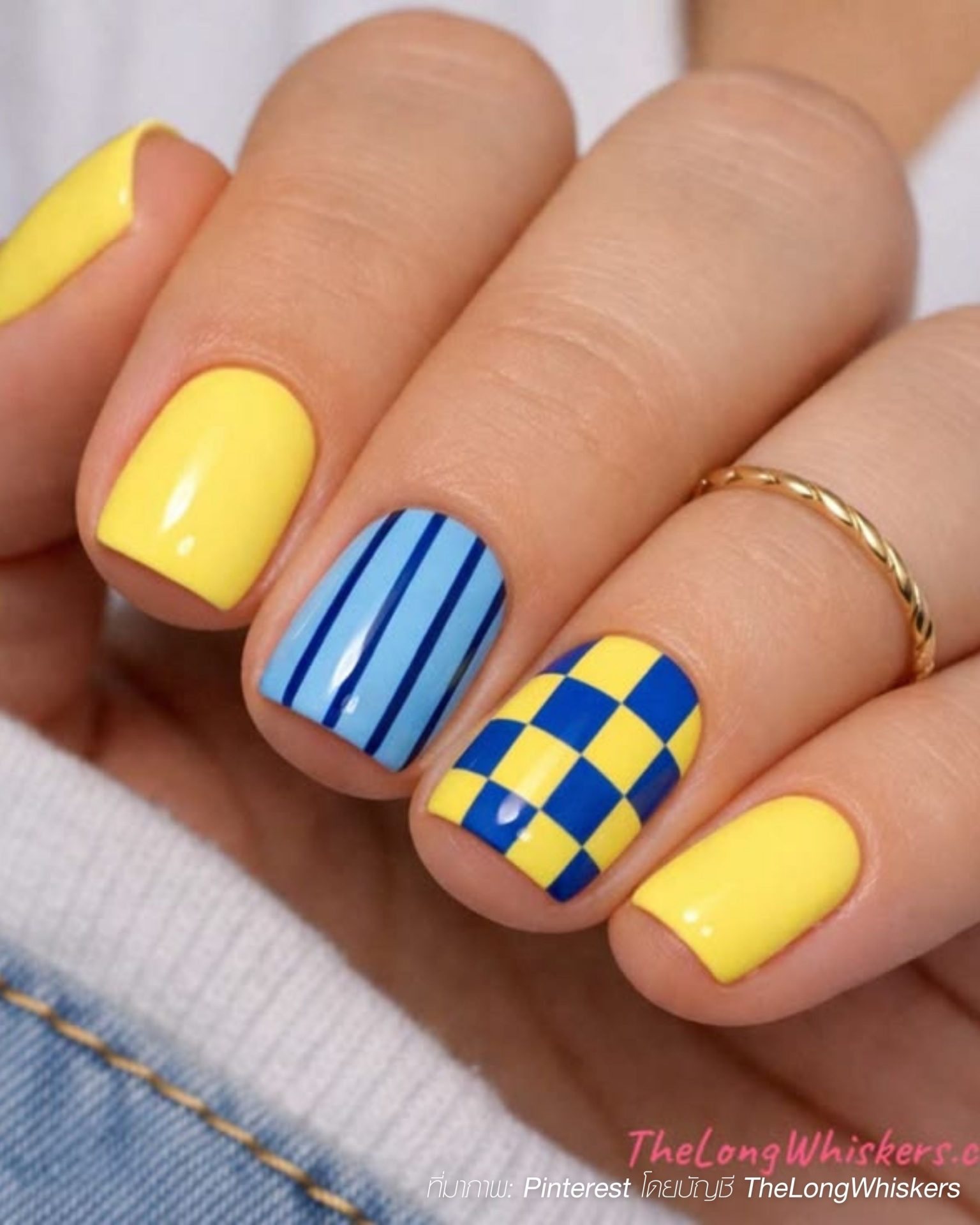 New era fashion men's nails with bright yellow and blue grids and stripes