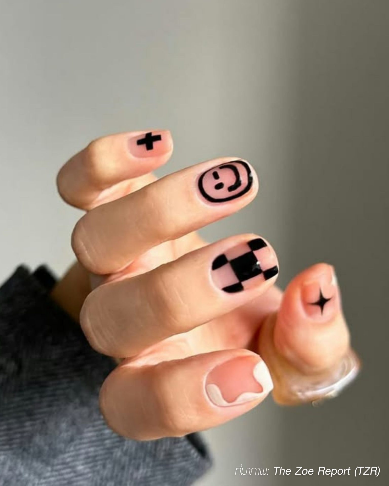 Minimalist black graphic art on bare nails for men