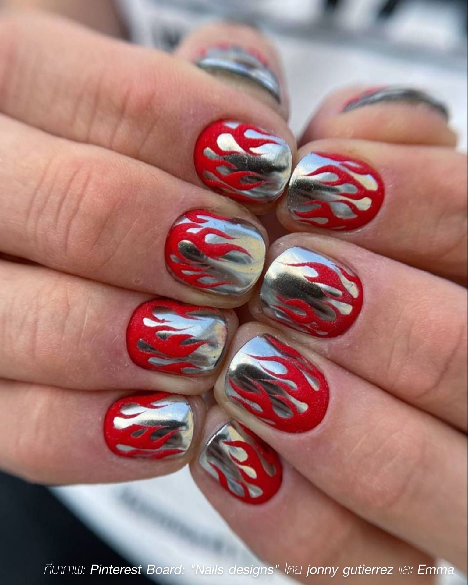 Hot silver flames on red base fashion nail trend for men