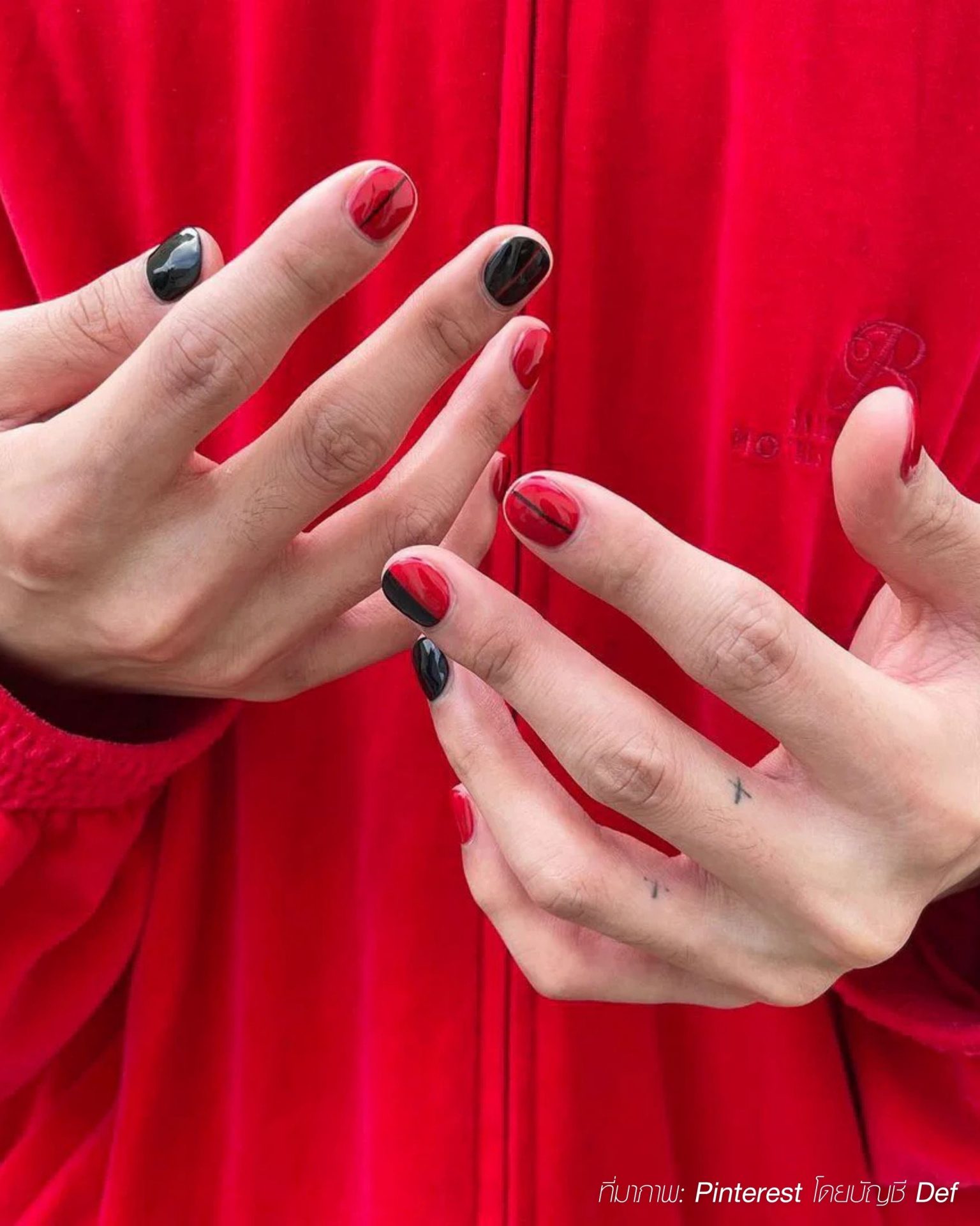 Elegant black and red men's nail design with cool minimalist lines
