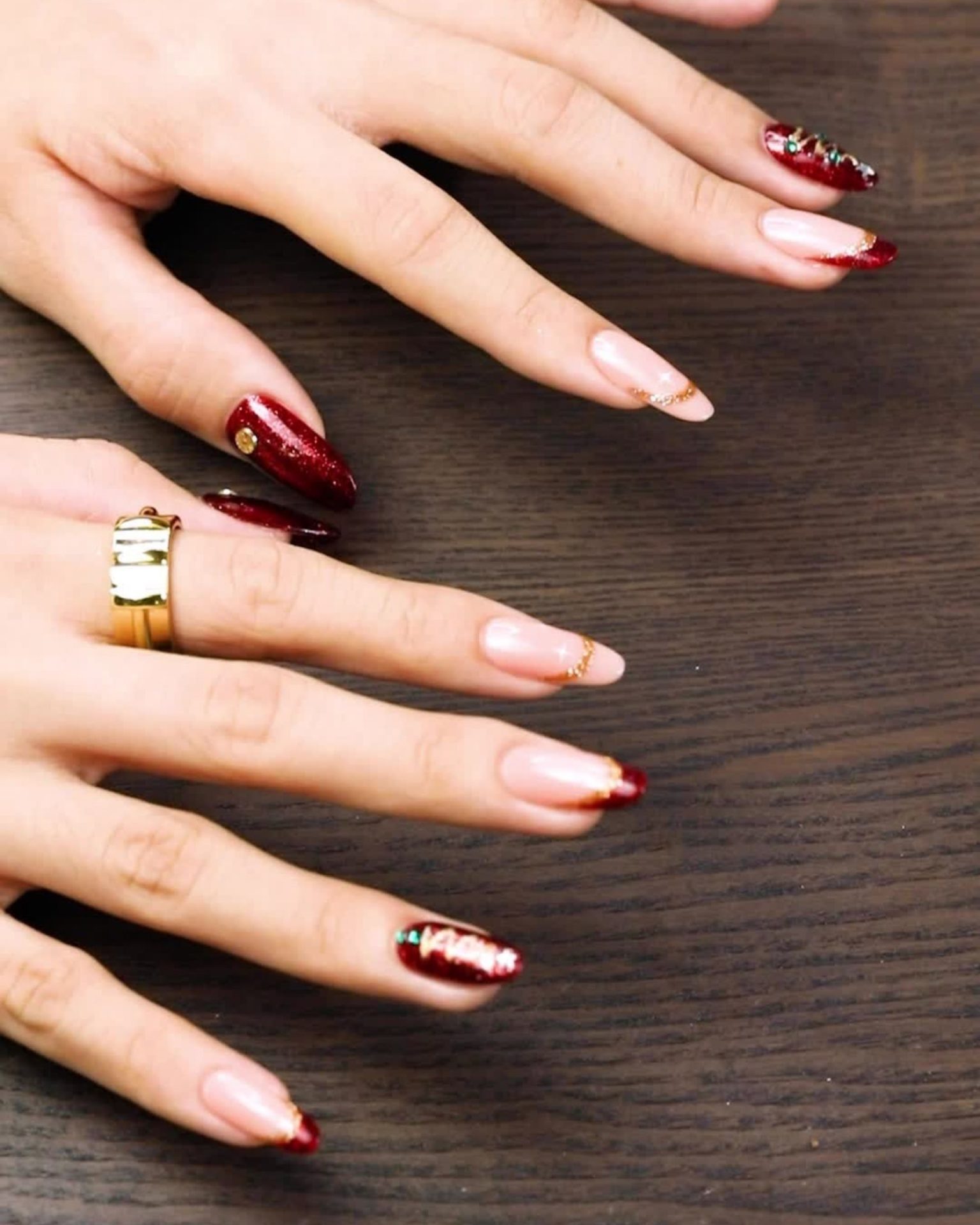 French tip nails with red glitter tip, luxe design