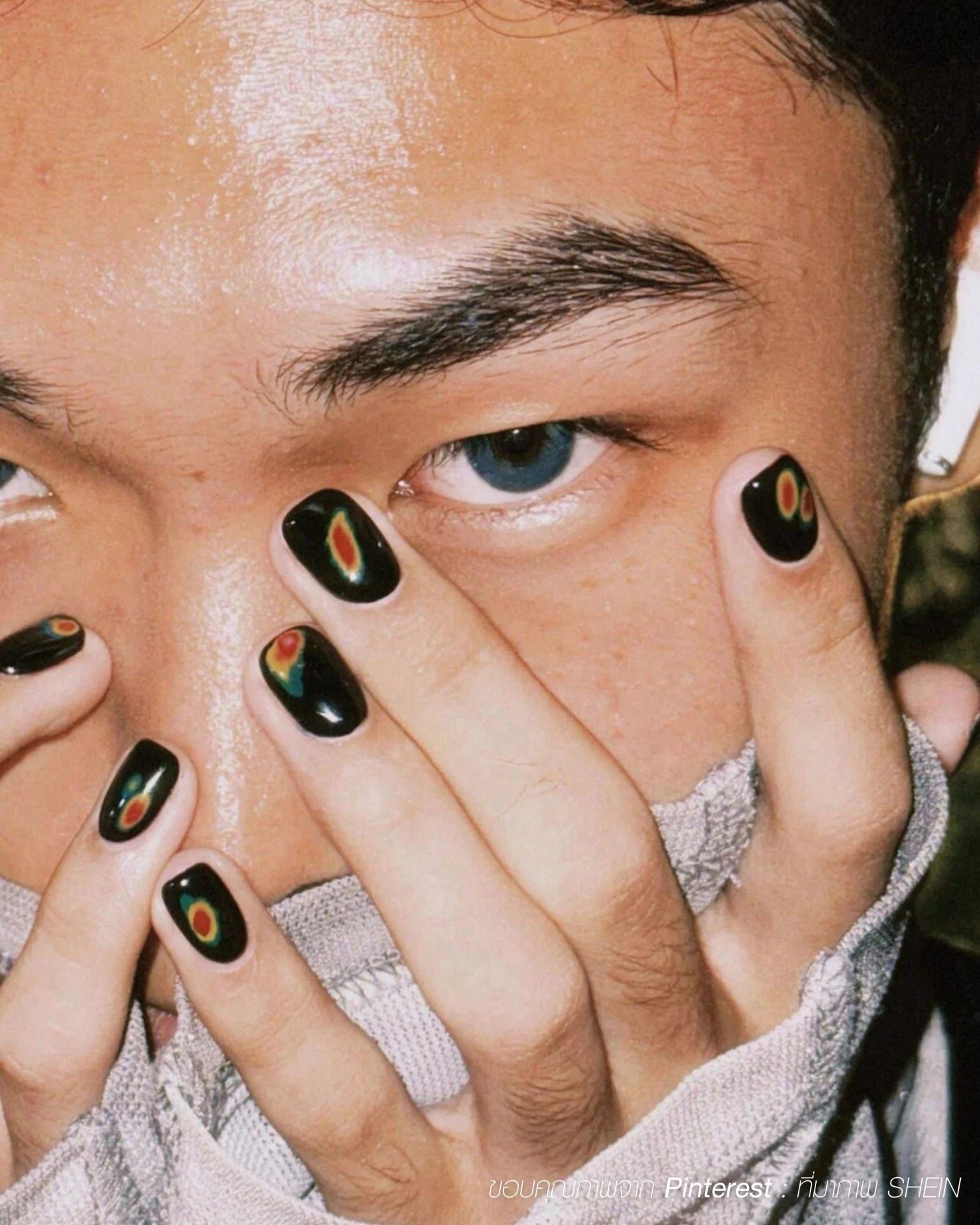 Cool dark-toned graphic art minimalist men's nail ideas