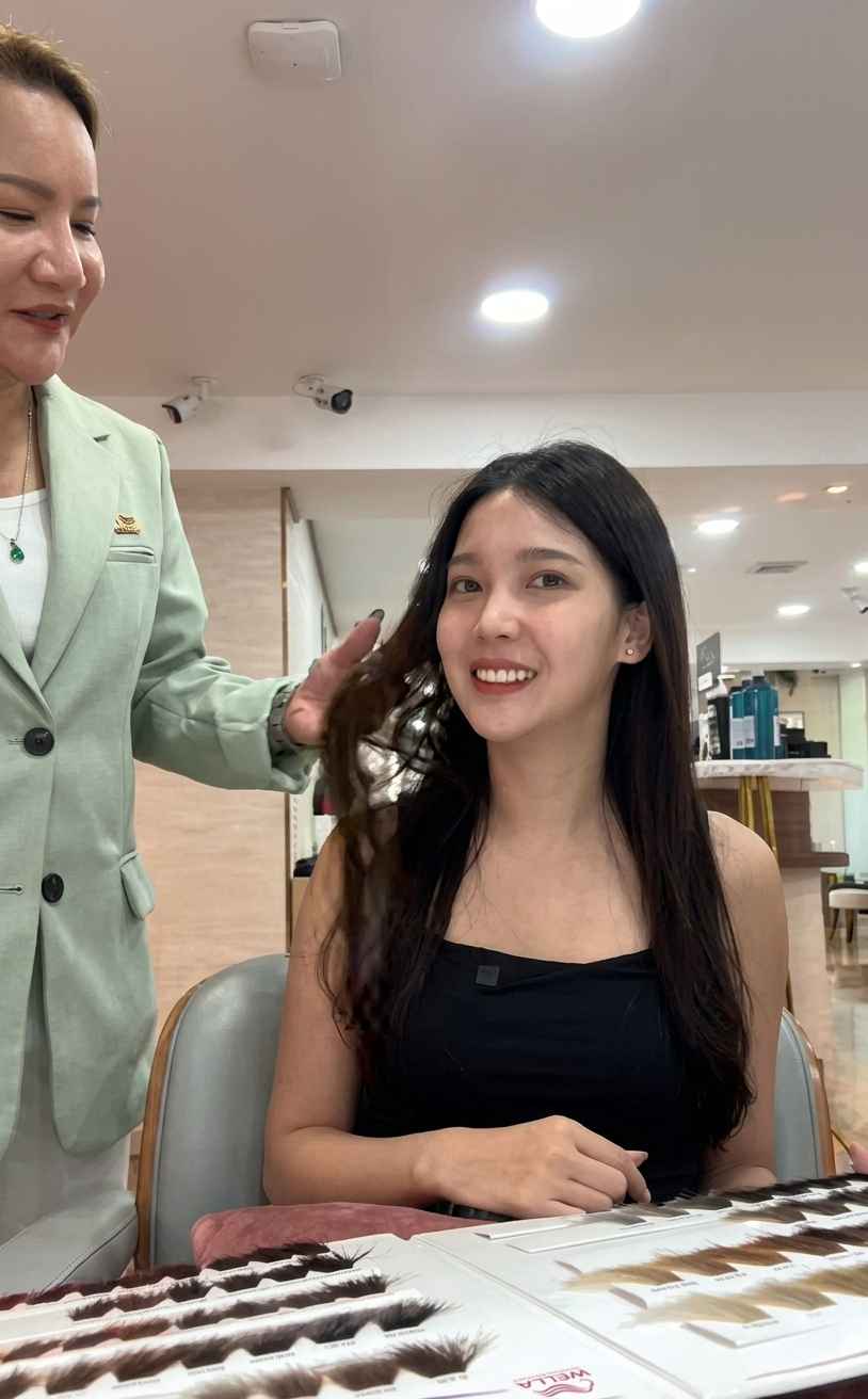 Stylist recommending a hair color tone at Take Care Salon of Beauty