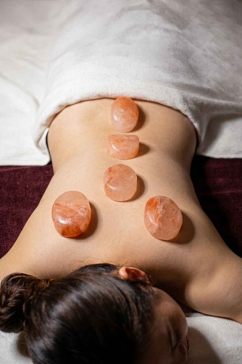 Himalayan hot stones placed along the spine, a technique used to relieve back pain